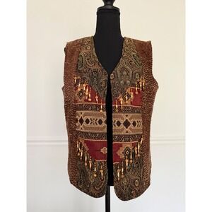 Coldwater Creek Tapestry Vest wooden Beads rayon Bohemian Festival‎ Size M